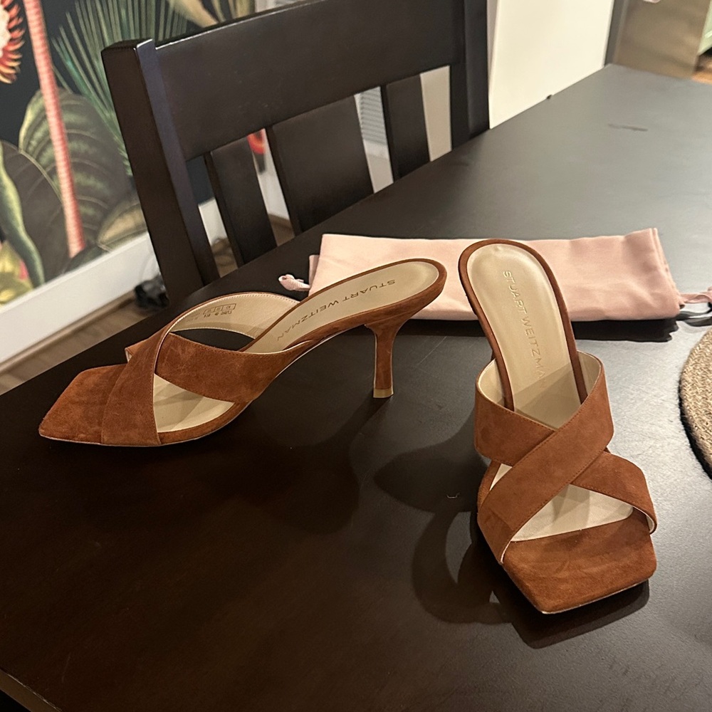 Stuart Weitzman cognac suede mules